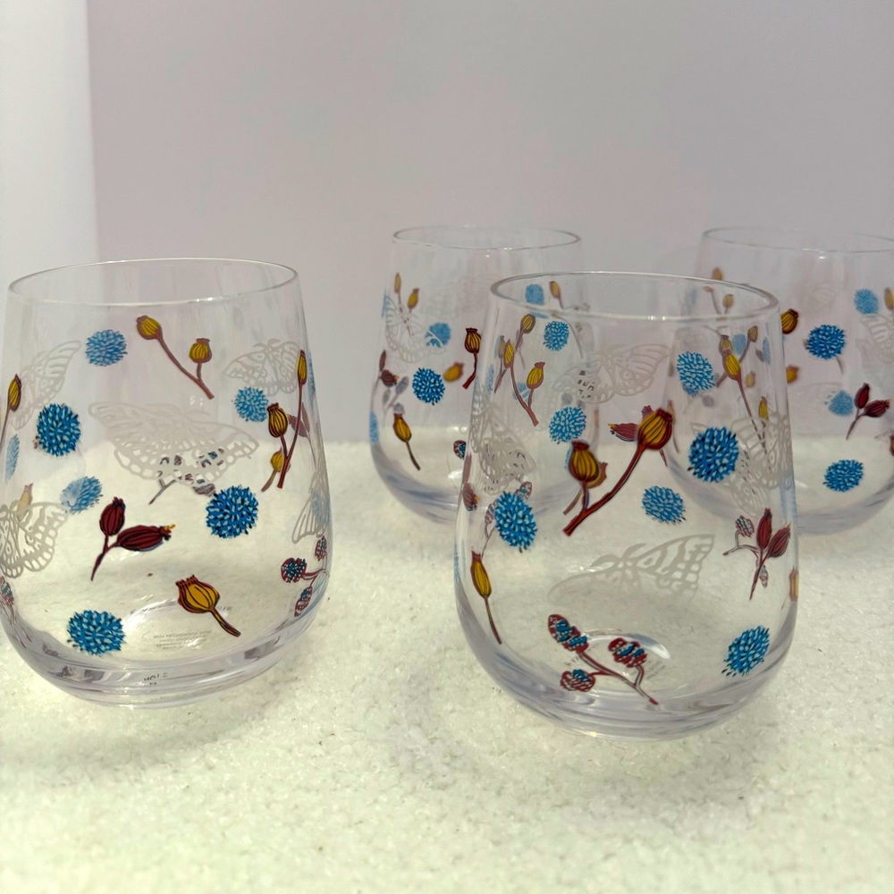 Anthropologie dabinette stemless wine glasses etched butterfly blue brown NEW